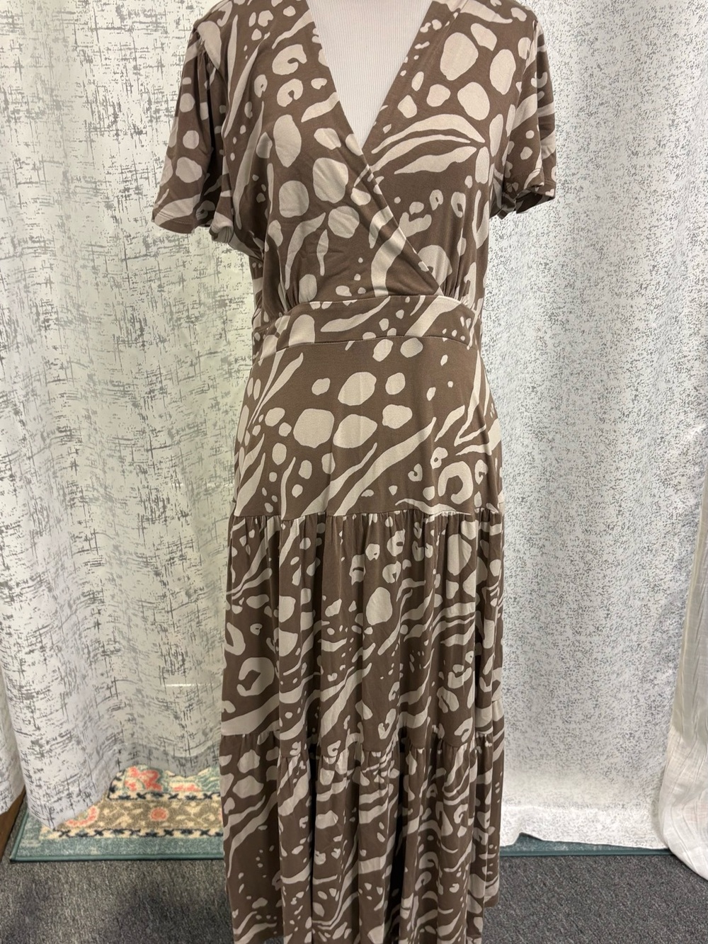 CAbi Taupe & Cream Wrap Maxi Dress
